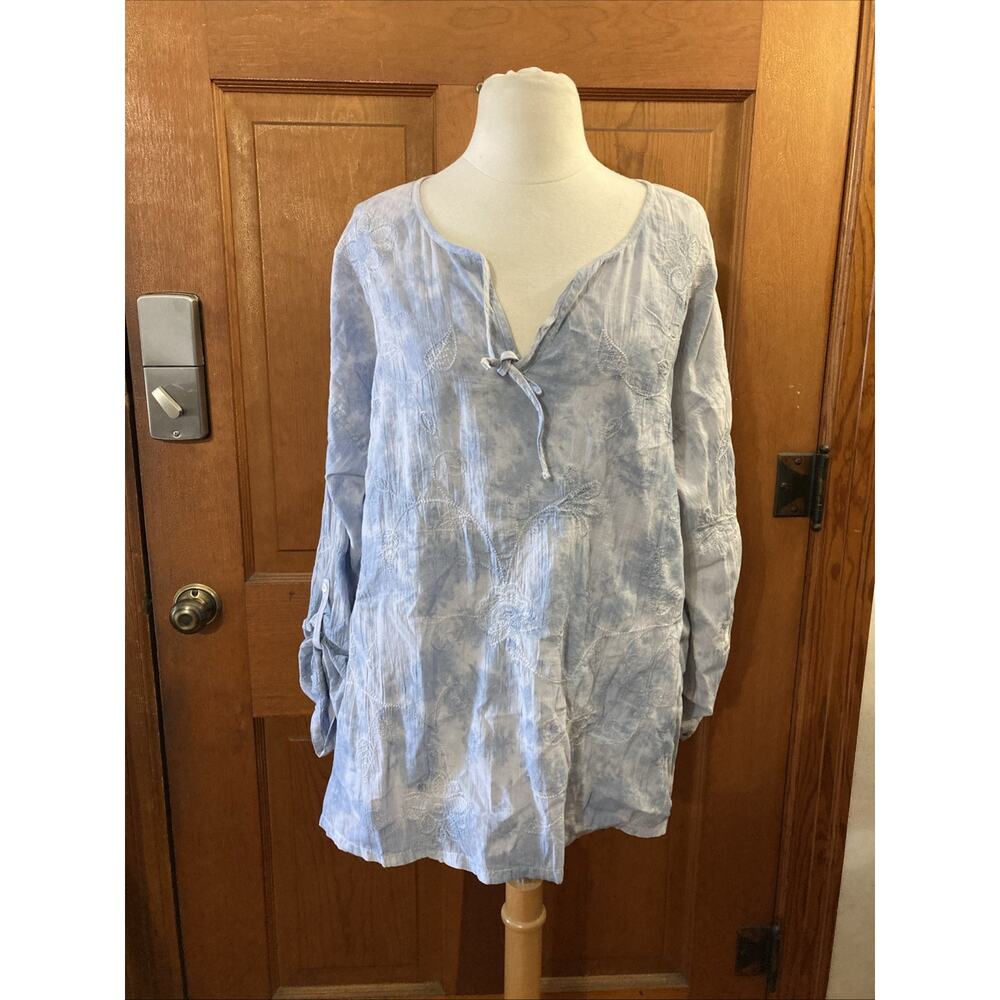 J. Jill Pure Jill Tie‎ Dye Tunic Sz L New Blue White Floral Embroidered Art Boho - Picture 2 of 11